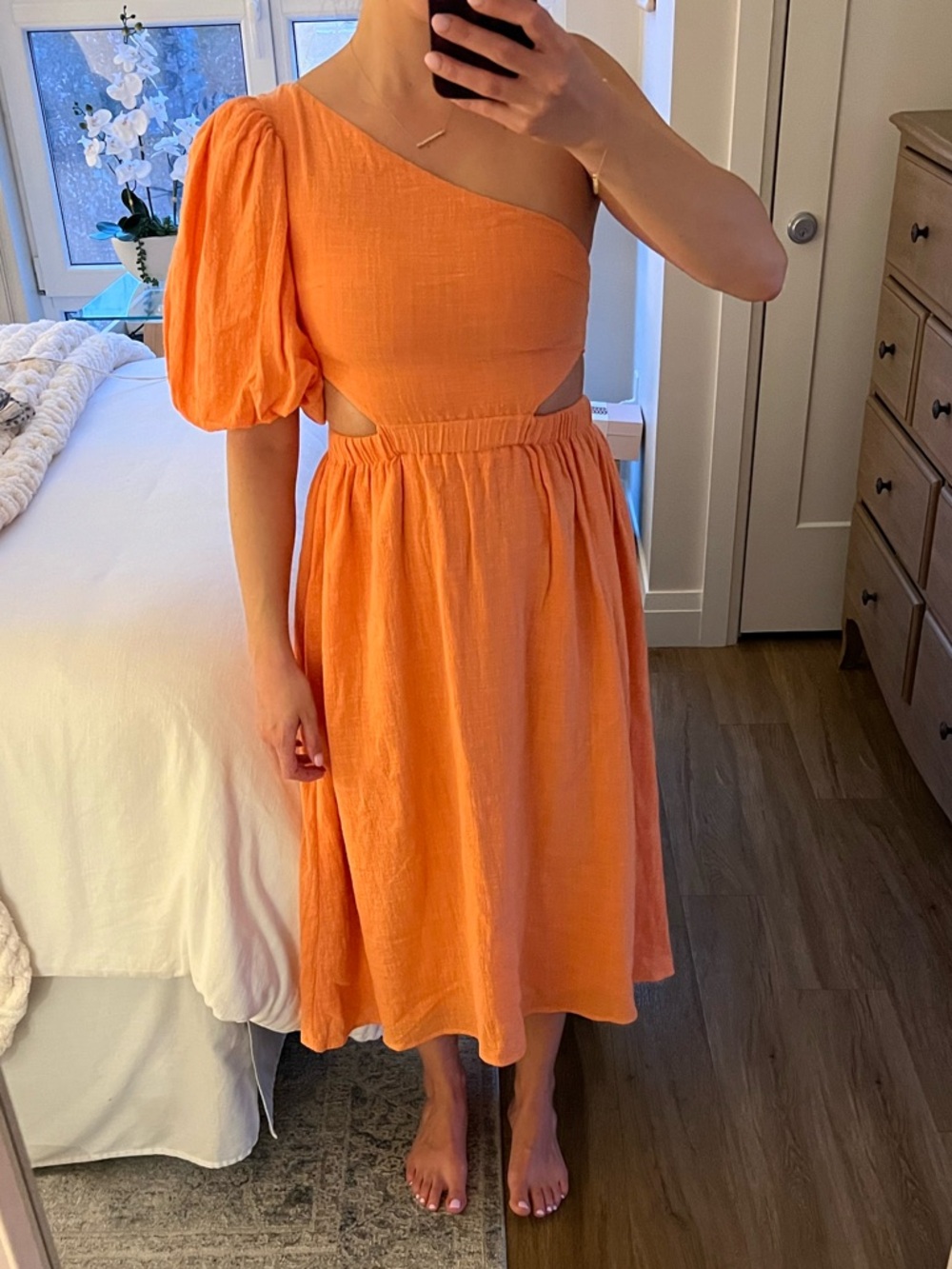 Olivaceous Vibrant Orange One Shoulder Dress